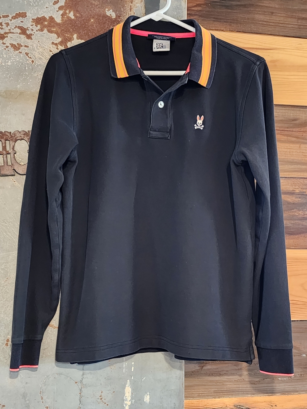 Psycho Bunny Long-Sleeve Polo Shirt in Black with Orange & Pink Trim